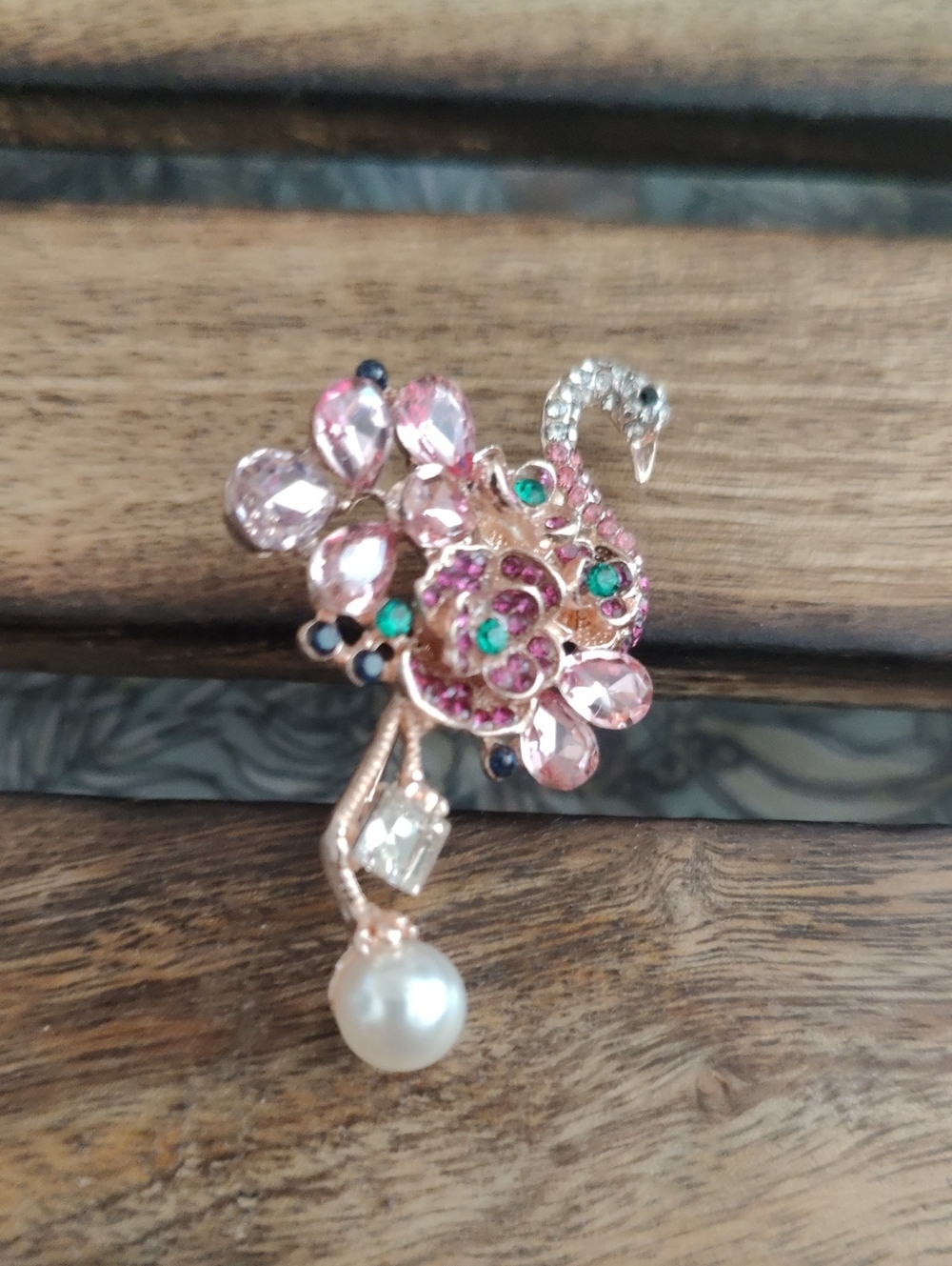 Pink Crystal Swan Brooch with Pearl Accent - Women Jewelry
